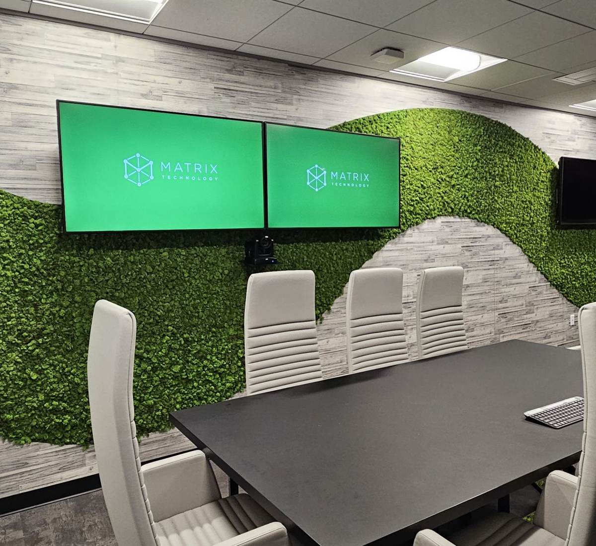Conference room with dual displays, green moss wall and camera